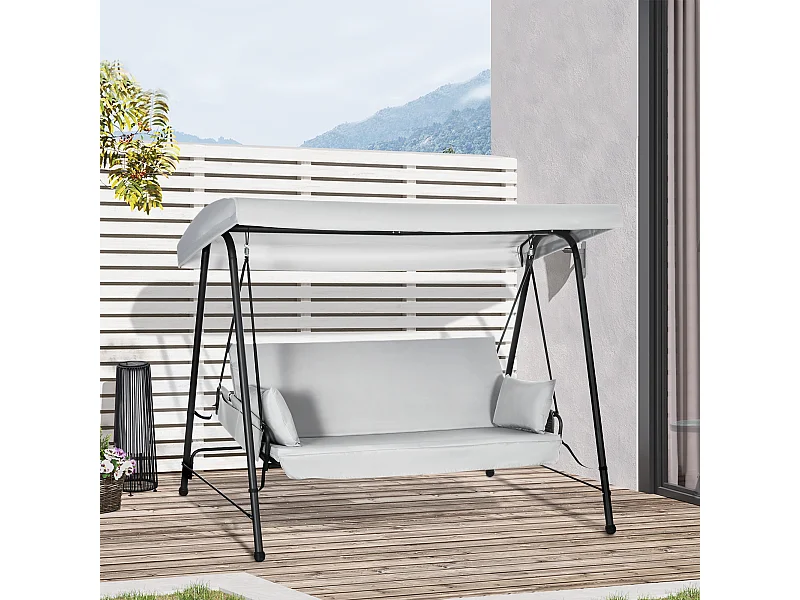 Balancelle de jardin 3 places convertible auvent réglable épais coussins amovibles polyester acier époxy gris clair