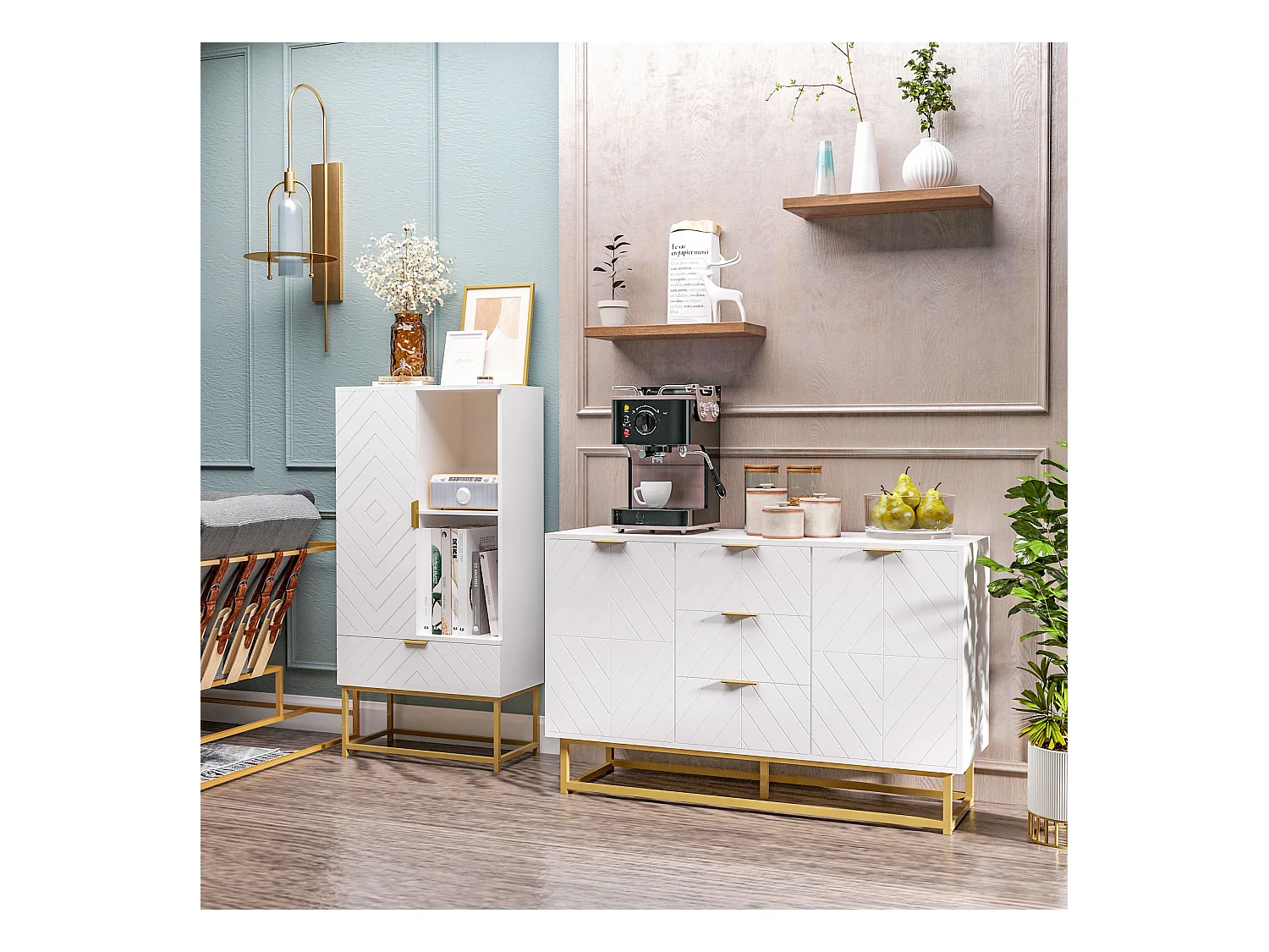 Meuble bas de salle de bain design - porte, étagère, tiroir, 2 niches, 1 tiroir - acier doré MDF blanc