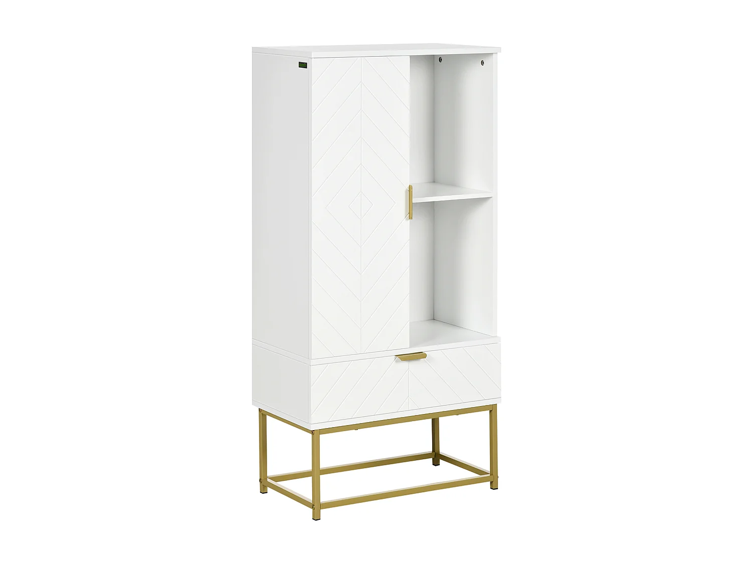 Meuble bas de salle de bain design - porte, étagère, tiroir, 2 niches, 1 tiroir - acier doré MDF blanc