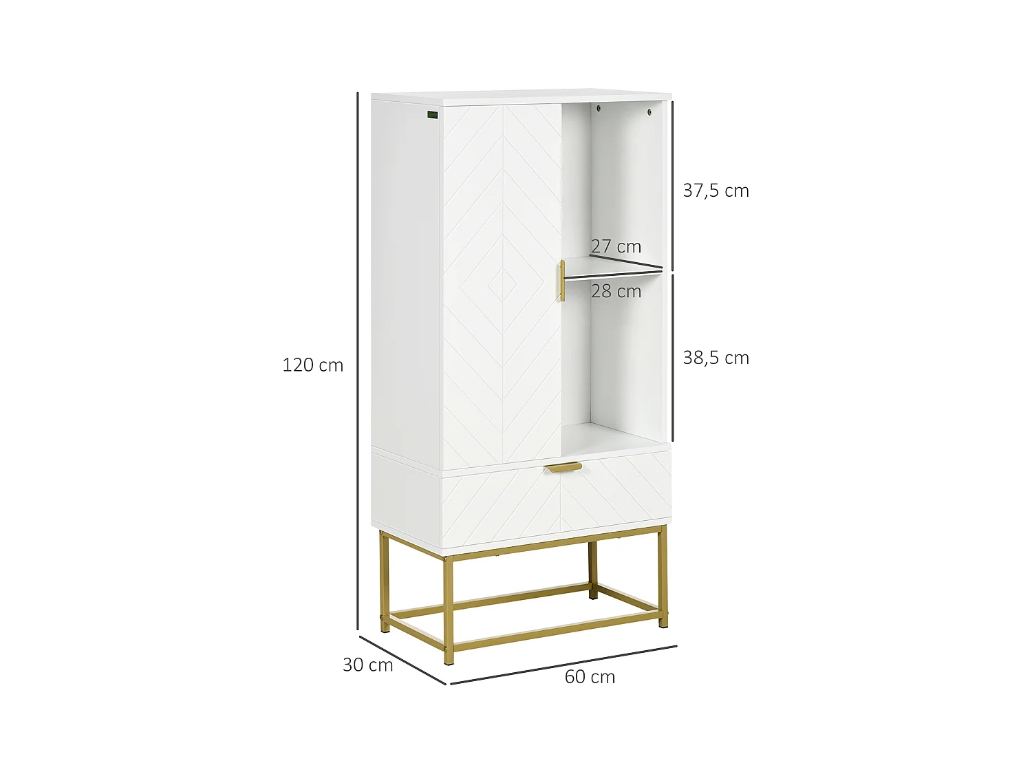 Meuble bas de salle de bain design - porte, étagère, tiroir, 2 niches, 1 tiroir - acier doré MDF blanc