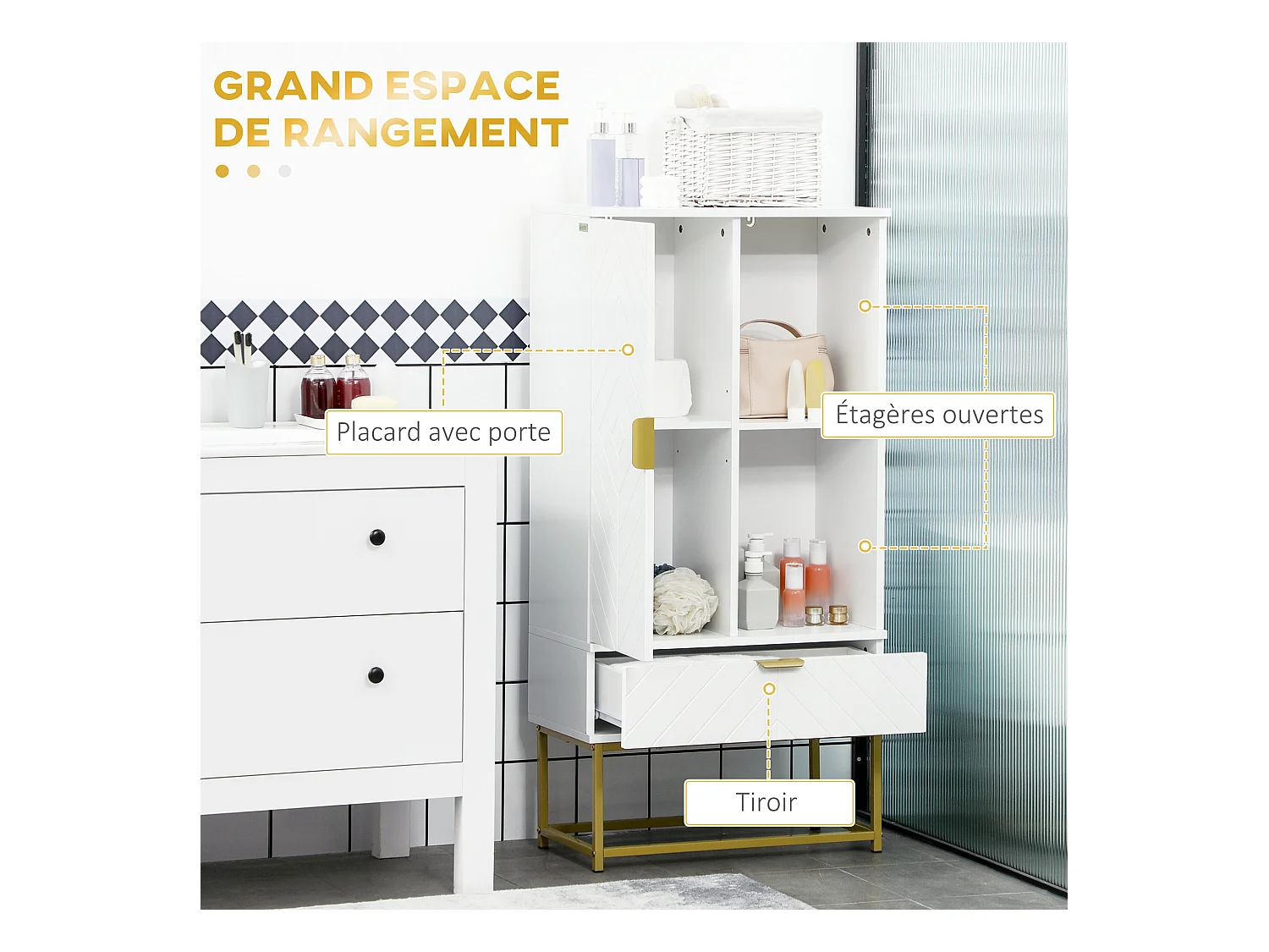 Meuble bas de salle de bain design - porte, étagère, tiroir, 2 niches, 1 tiroir - acier doré MDF blanc
