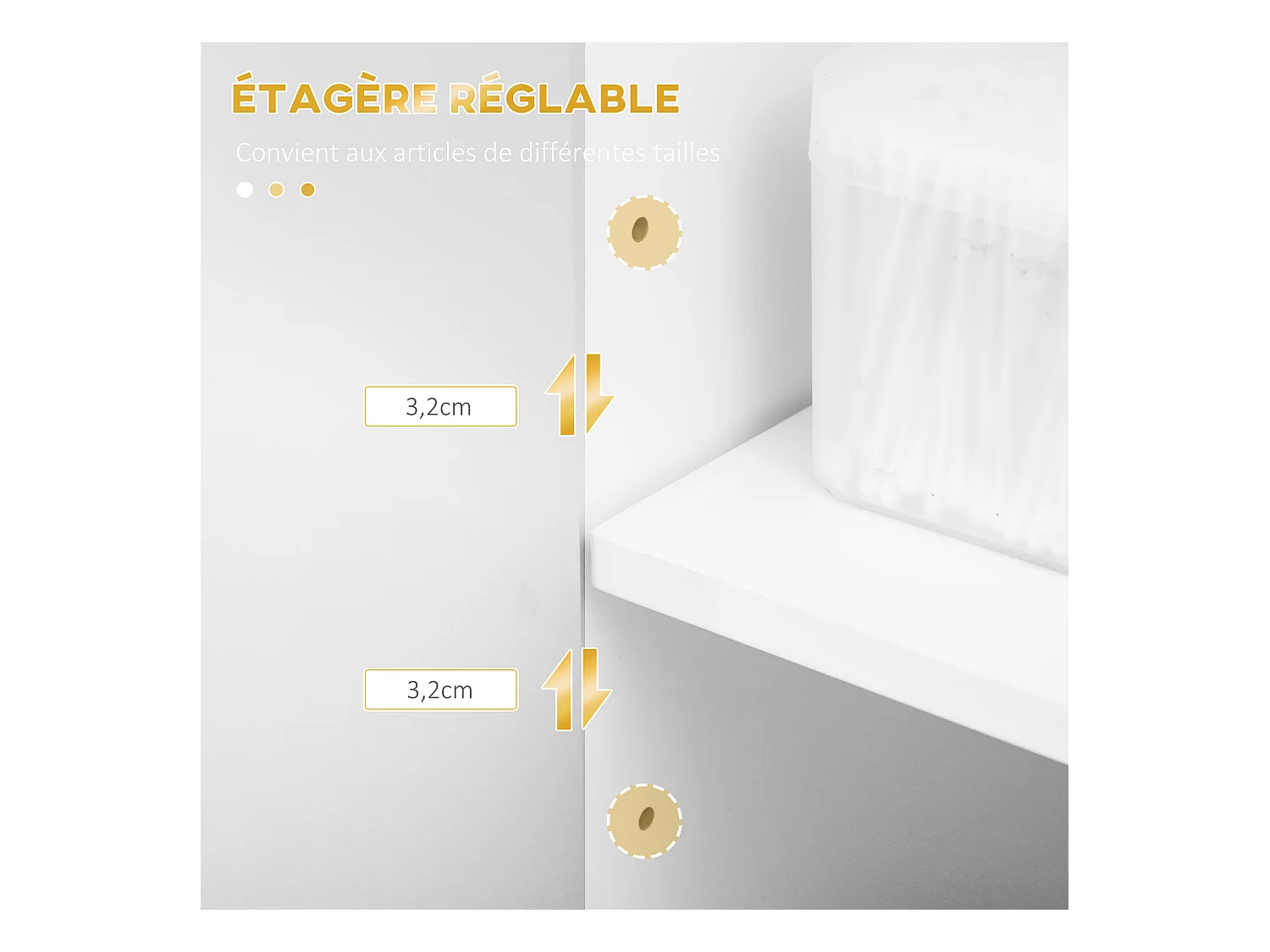 Meuble bas de salle de bain design - porte, étagère, tiroir, 2 niches, 1 tiroir - acier doré MDF blanc