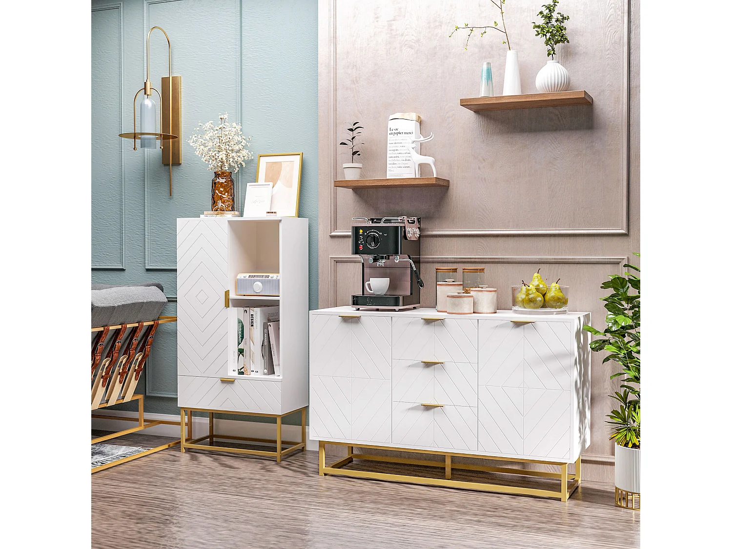 Meuble bas de salle de bain design - porte, étagère, tiroir, 2 niches, 1 tiroir - acier doré MDF blanc