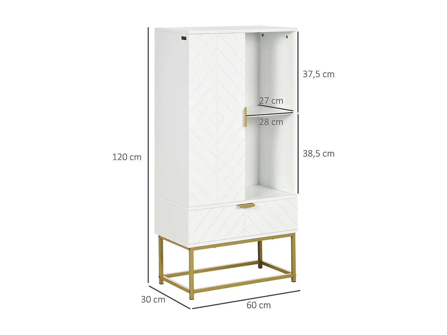 Meuble bas de salle de bain design - porte, étagère, tiroir, 2 niches, 1 tiroir - acier doré MDF blanc