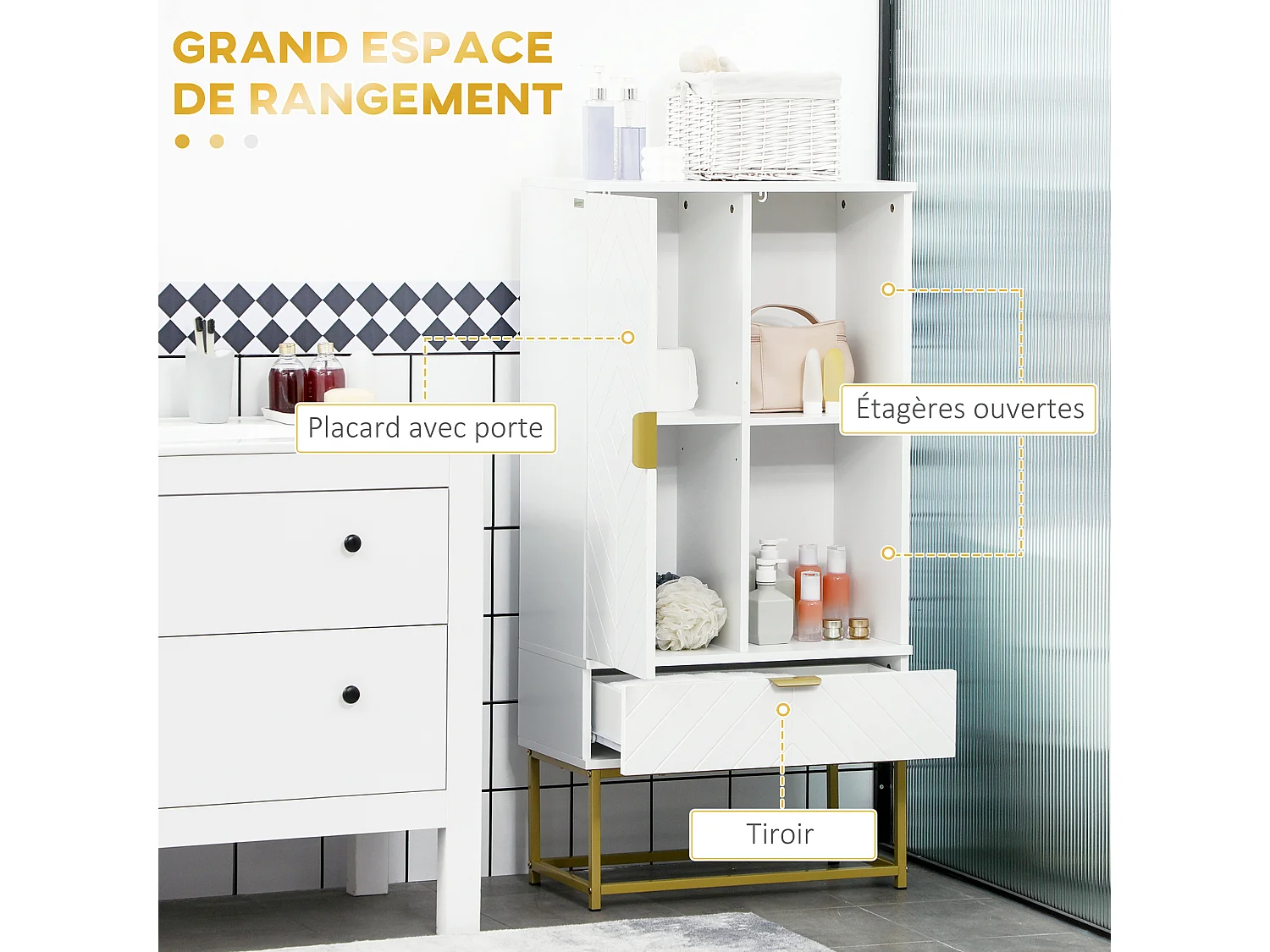 Meuble bas de salle de bain design - porte, étagère, tiroir, 2 niches, 1 tiroir - acier doré MDF blanc