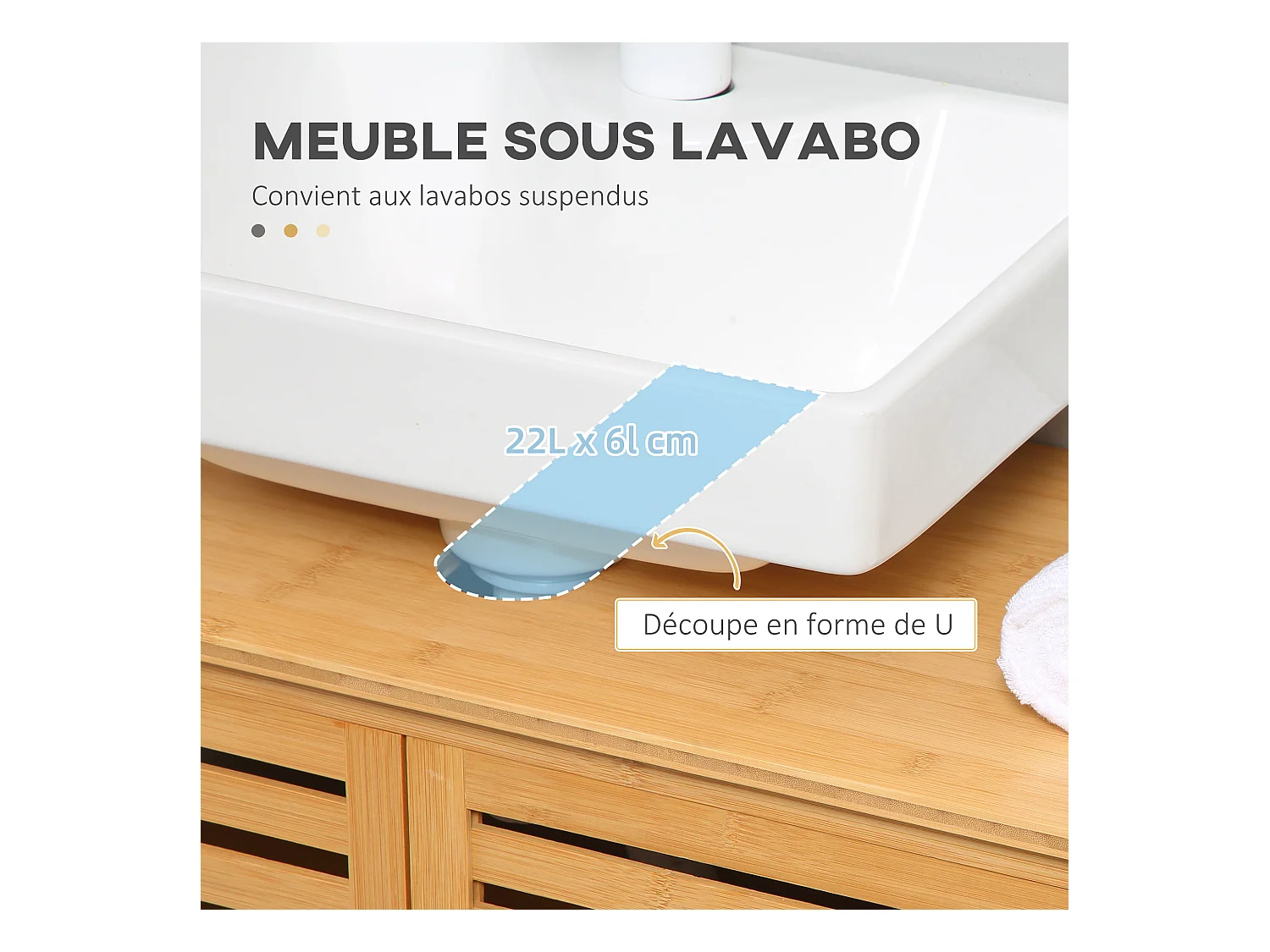 Meuble sous-vasque 2 portes à lattes - dim. 66L x 29l x 61,5H cm - bois de bambou verni