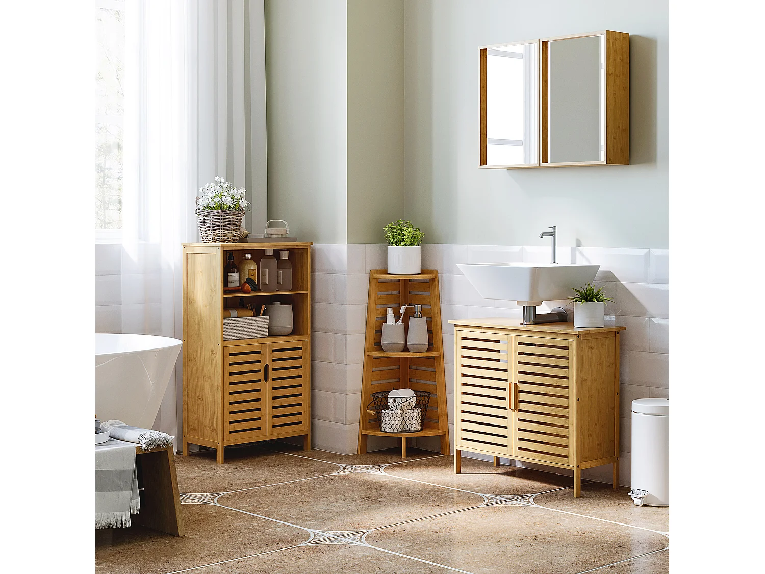 Meuble sous-vasque 2 portes à lattes - dim. 66L x 29l x 61,5H cm - bois de bambou verni