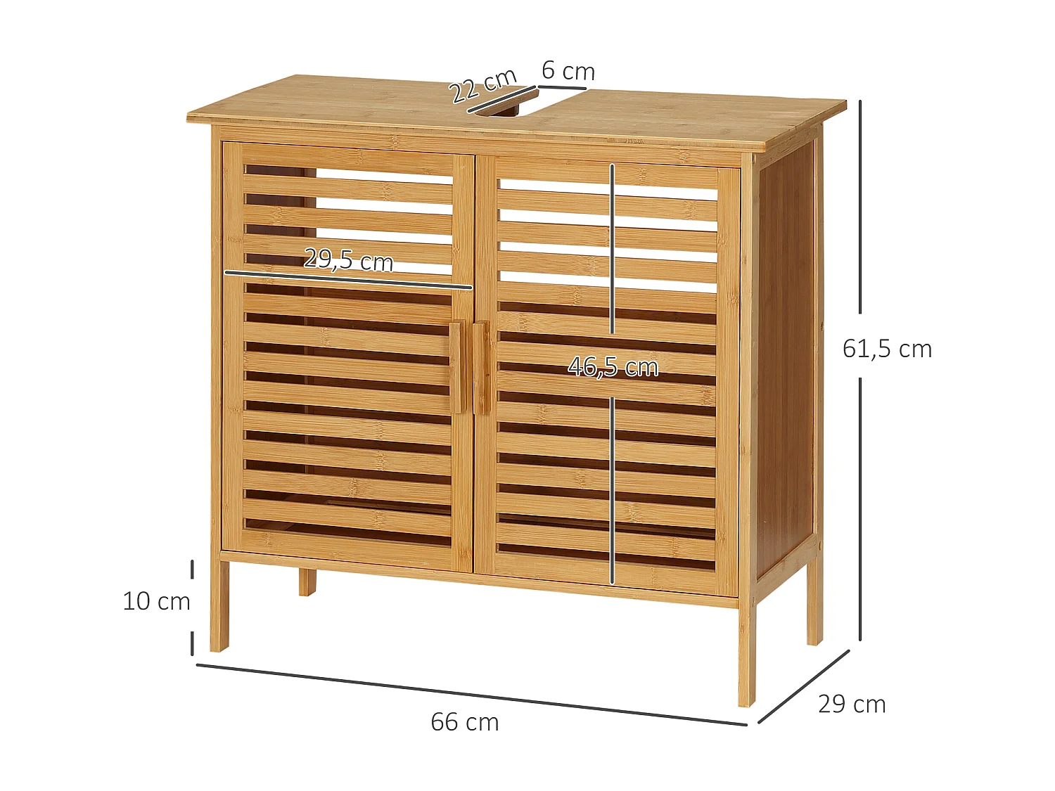 Meuble sous-vasque 2 portes à lattes - dim. 66L x 29l x 61,5H cm - bois de bambou verni