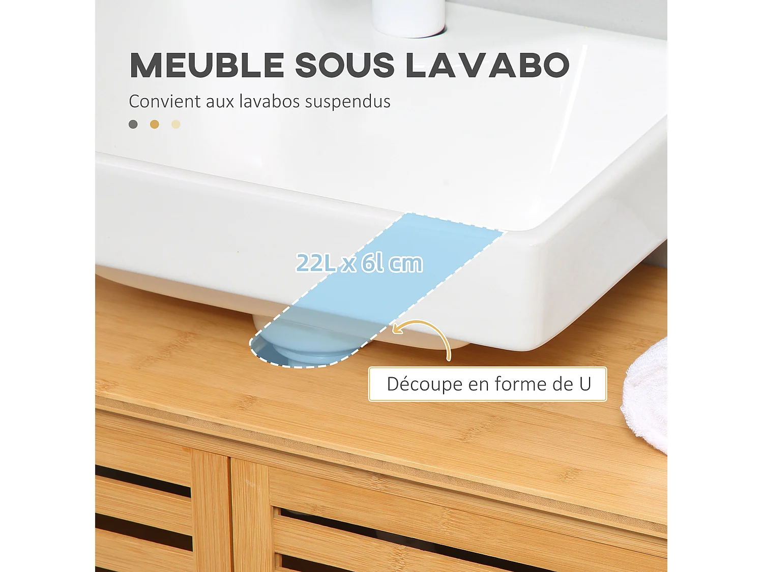 Meuble sous-vasque 2 portes à lattes - dim. 66L x 29l x 61,5H cm - bois de bambou verni