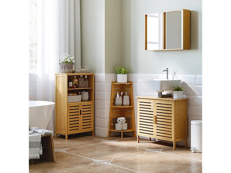 Meuble sous-vasque 2 portes à lattes - dim. 66L x 29l x 61,5H cm - bois de bambou verni