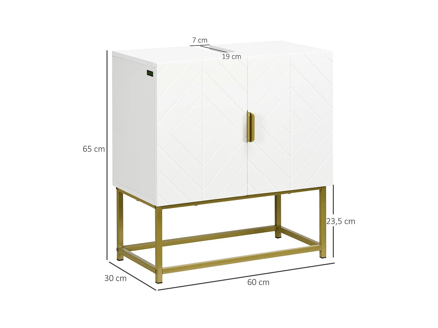 Meuble sous vasque - 2 portes - dim. 60L x 30l x 65H cm - acier doré MDF blanc