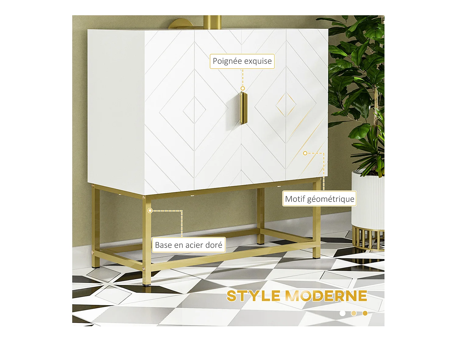 Meuble sous vasque - 2 portes - dim. 60L x 30l x 65H cm - acier doré MDF blanc