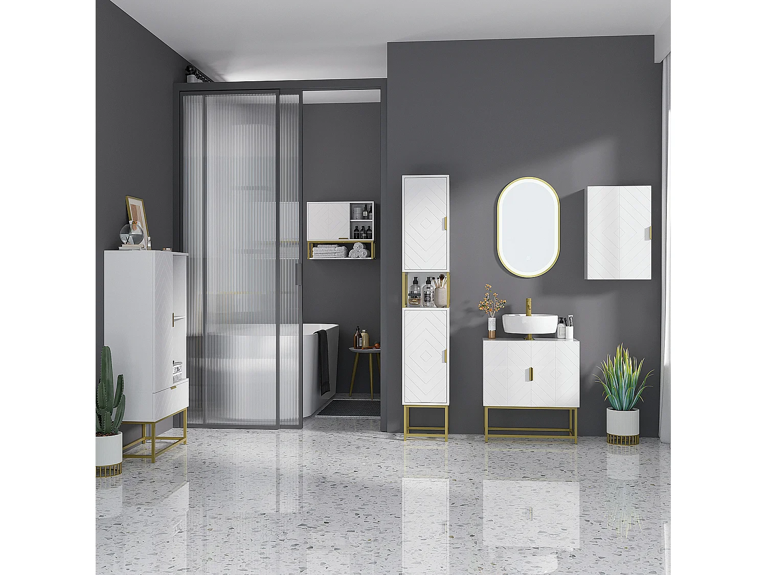 Meuble sous vasque - 2 portes - dim. 60L x 30l x 65H cm - acier doré MDF blanc