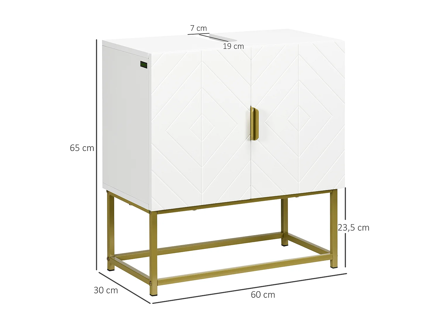 Meuble sous vasque - 2 portes - dim. 60L x 30l x 65H cm - acier doré MDF blanc