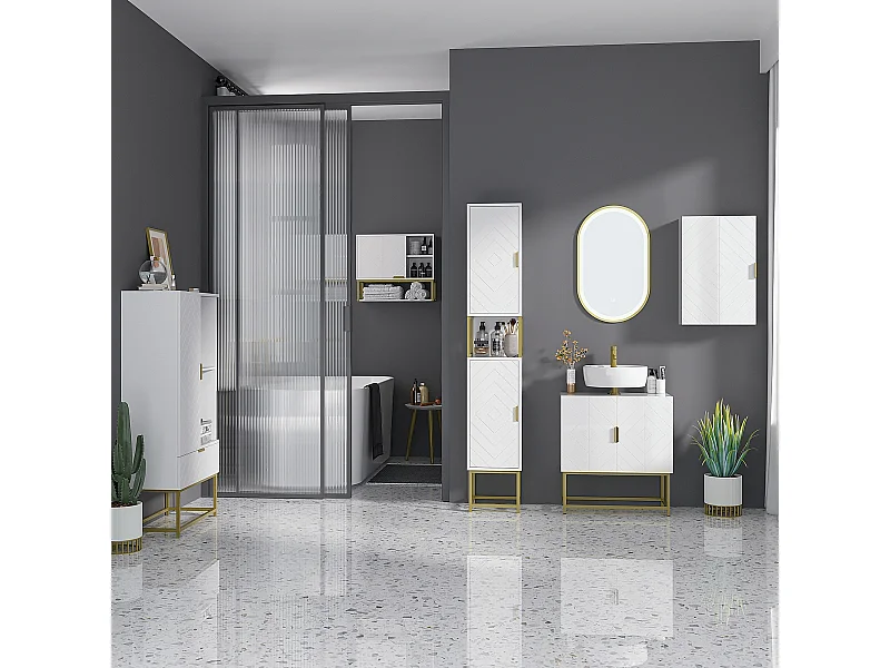 Meuble sous vasque - 2 portes - dim. 60L x 30l x 65H cm - acier doré MDF blanc