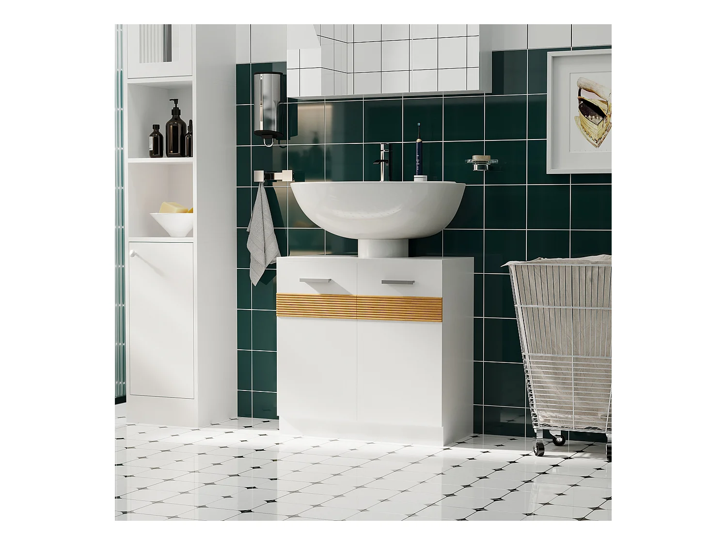 Meuble vasque style cosy chic bandeau 10 bambous placard 2 portes avec étagère MDF dim. 60L x 30l x 60,5H cm blanc