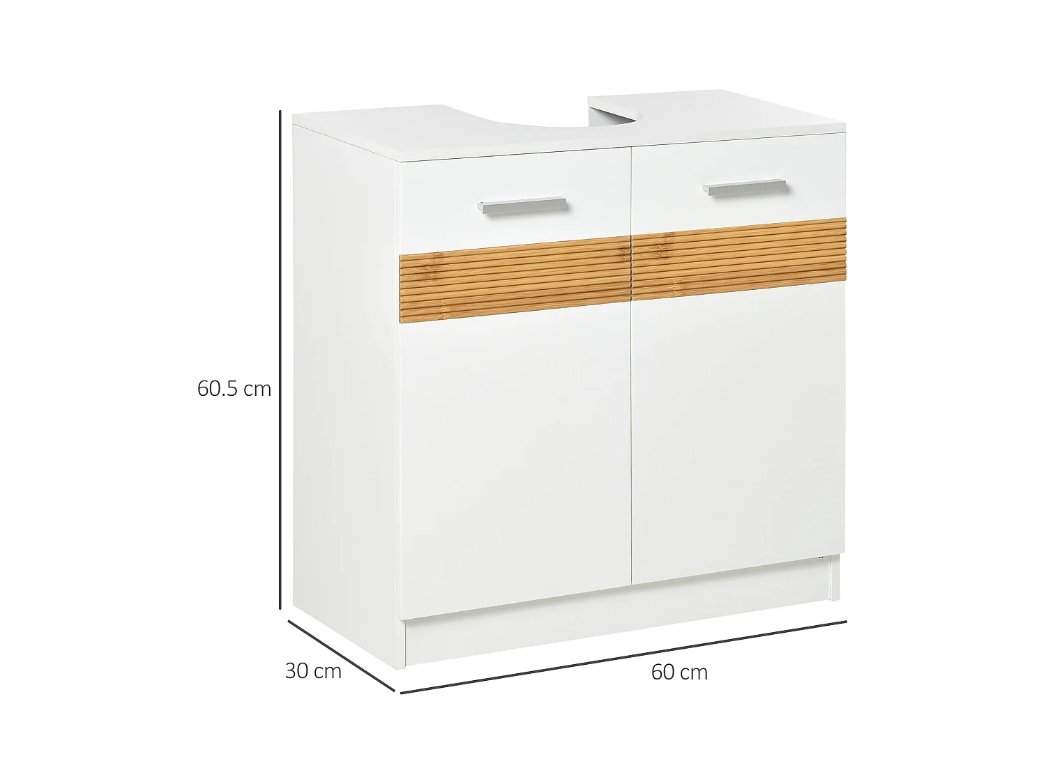 Meuble vasque style cosy chic bandeau 10 bambous placard 2 portes avec étagère MDF dim. 60L x 30l x 60,5H cm blanc