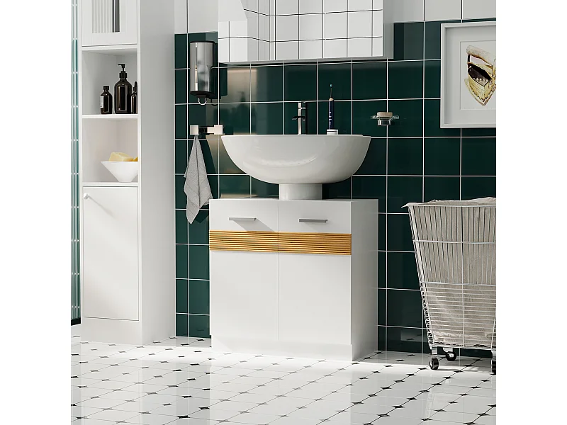 Meuble vasque style cosy chic bandeau 10 bambous placard 2 portes avec étagère MDF dim. 60L x 30l x 60,5H cm blanc