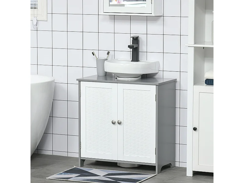 Meuble salle de bain - meuble sous-vasque - placard 2 portes aspect résine tressée avec étagère - MDF blanc gris