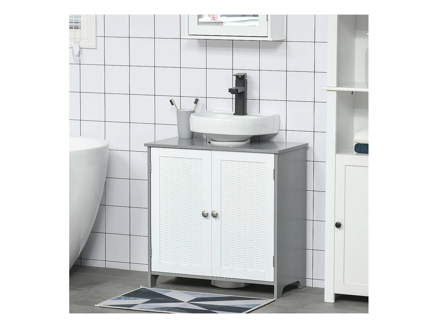 Meuble salle de bain - meuble sous-vasque - placard 2 portes aspect résine tressée avec étagère - MDF blanc gris