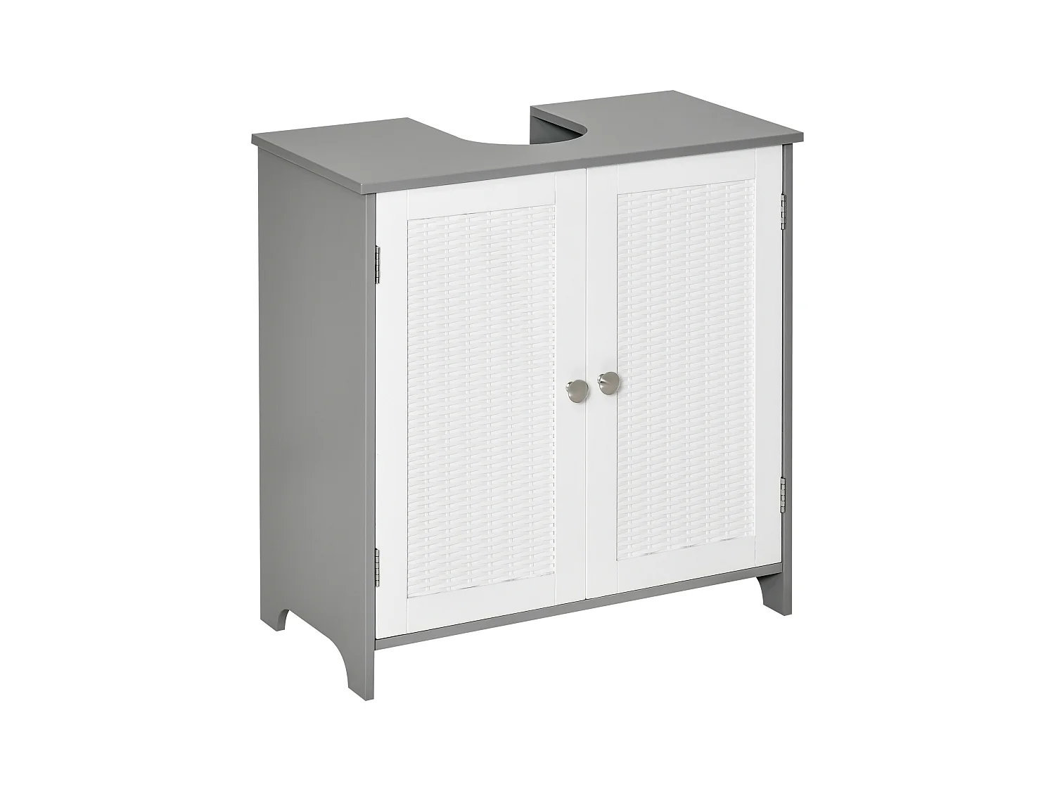 Meuble salle de bain - meuble sous-vasque - placard 2 portes aspect résine tressée avec étagère - MDF blanc gris