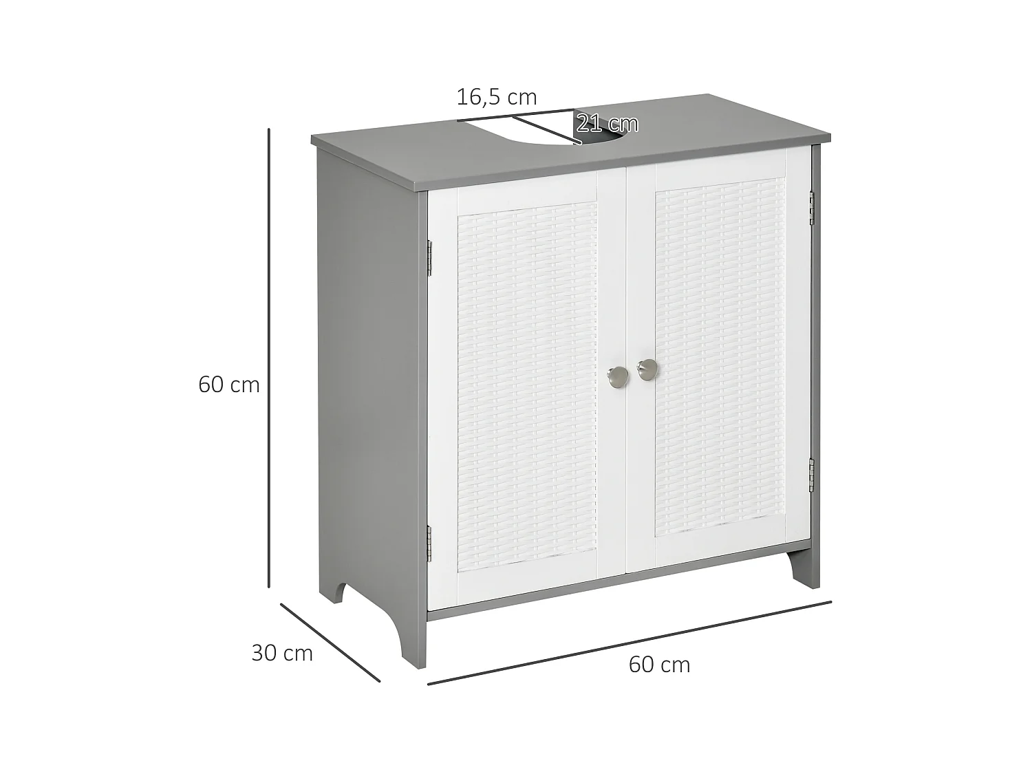 Meuble salle de bain - meuble sous-vasque - placard 2 portes aspect résine tressée avec étagère - MDF blanc gris