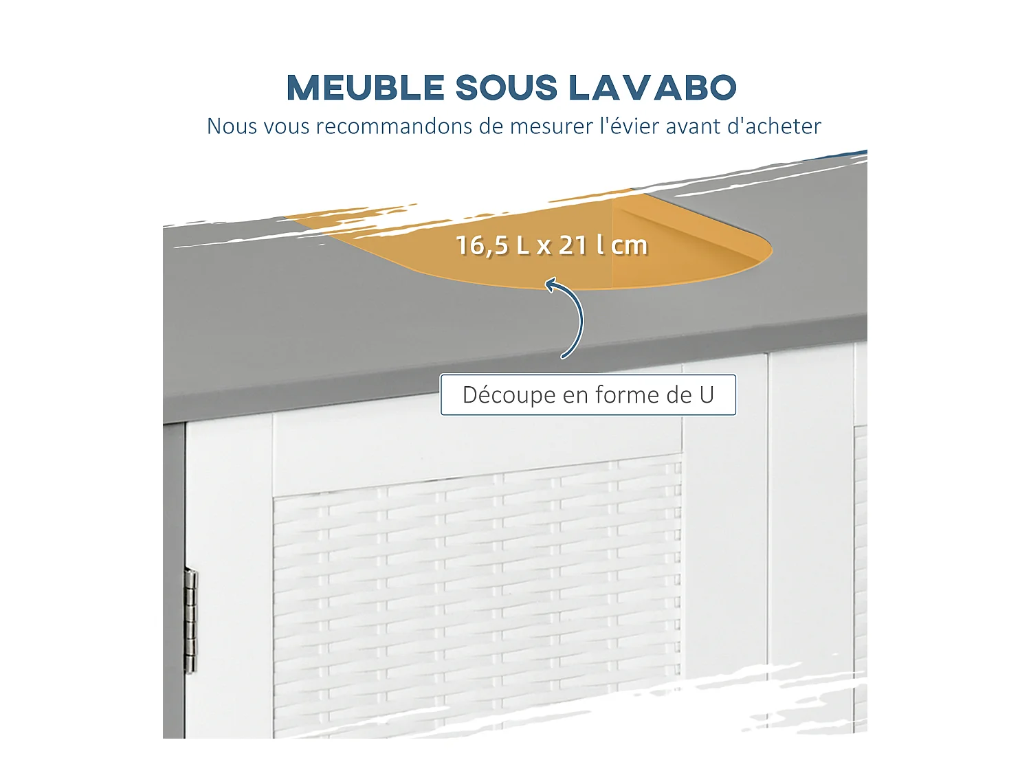 Meuble salle de bain - meuble sous-vasque - placard 2 portes aspect résine tressée avec étagère - MDF blanc gris