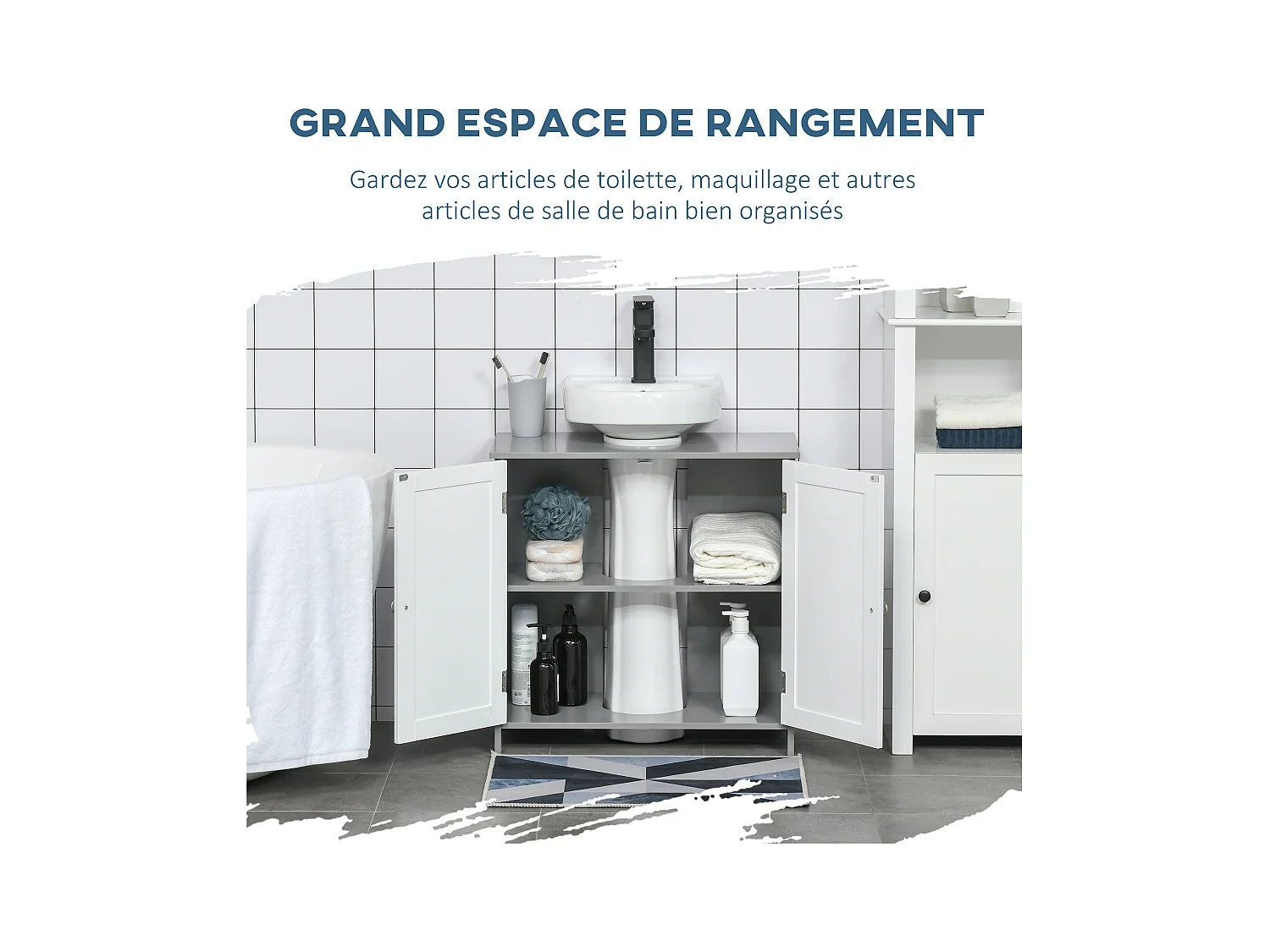 Meuble salle de bain - meuble sous-vasque - placard 2 portes aspect résine tressée avec étagère - MDF blanc gris