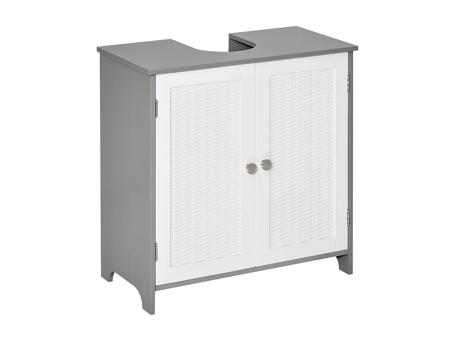 Meuble salle de bain - meuble sous-vasque - placard 2 portes aspect résine tressée avec étagère - MDF blanc gris