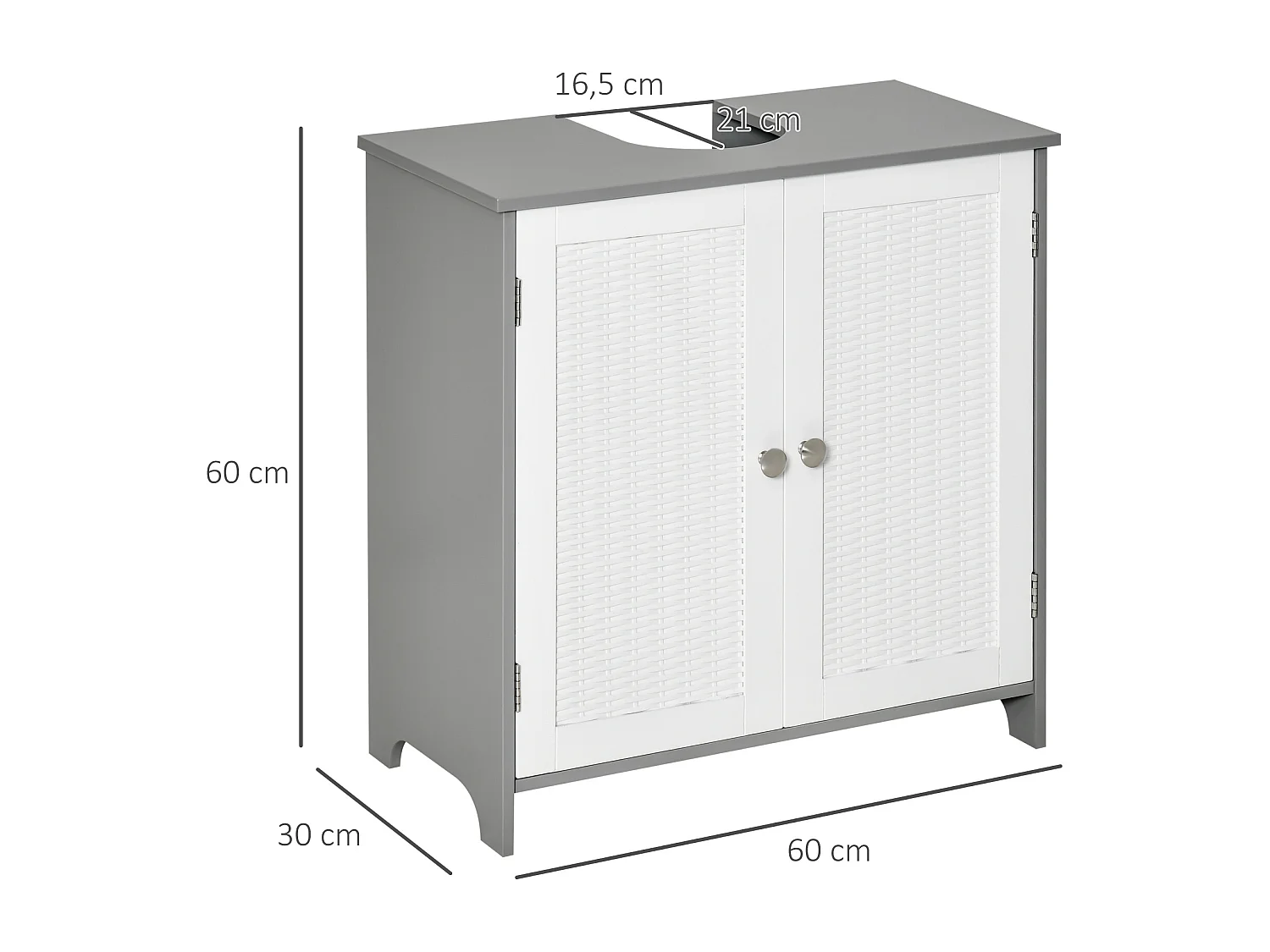 Meuble salle de bain - meuble sous-vasque - placard 2 portes aspect résine tressée avec étagère - MDF blanc gris