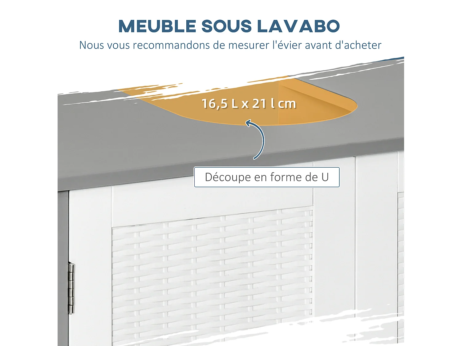 Meuble salle de bain - meuble sous-vasque - placard 2 portes aspect résine tressée avec étagère - MDF blanc gris
