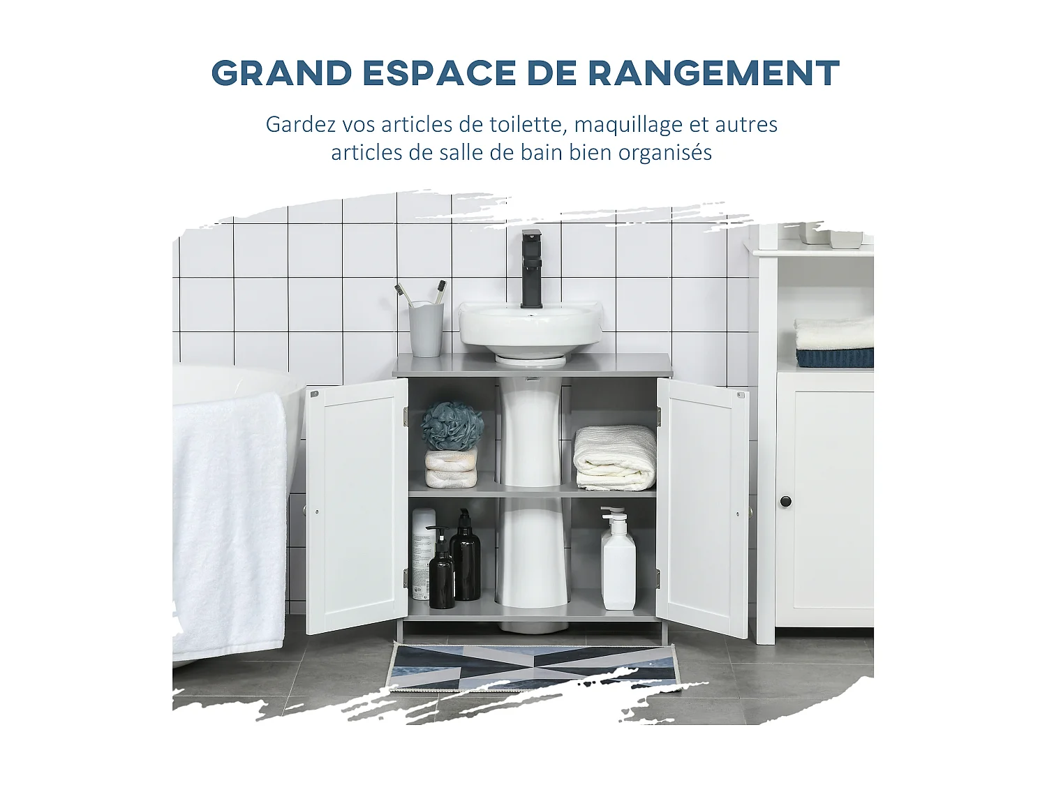 Meuble salle de bain - meuble sous-vasque - placard 2 portes aspect résine tressée avec étagère - MDF blanc gris