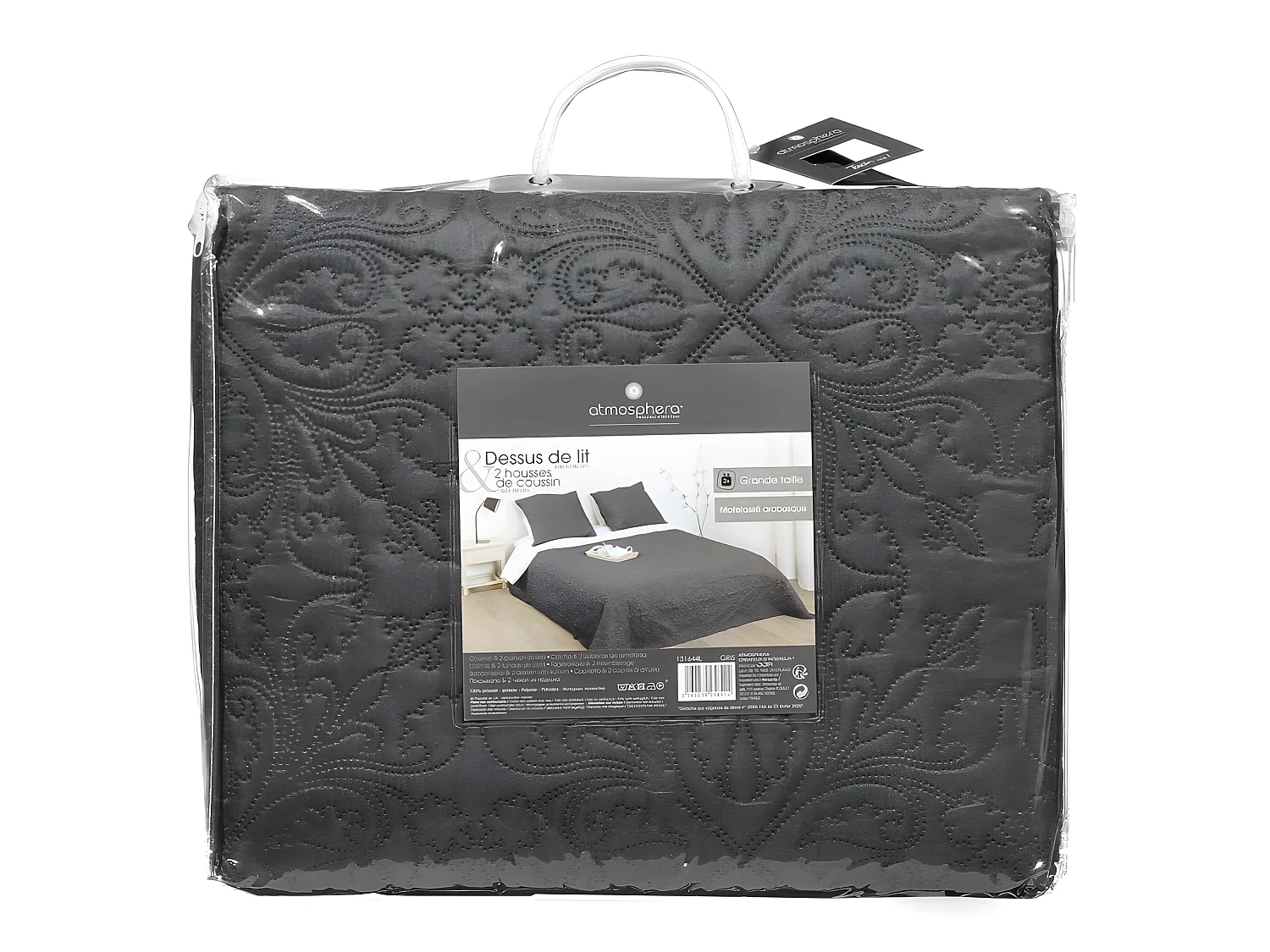 Dessus de lit Gris foncé motif Arabesque 240 x 260 avec 2 Taies