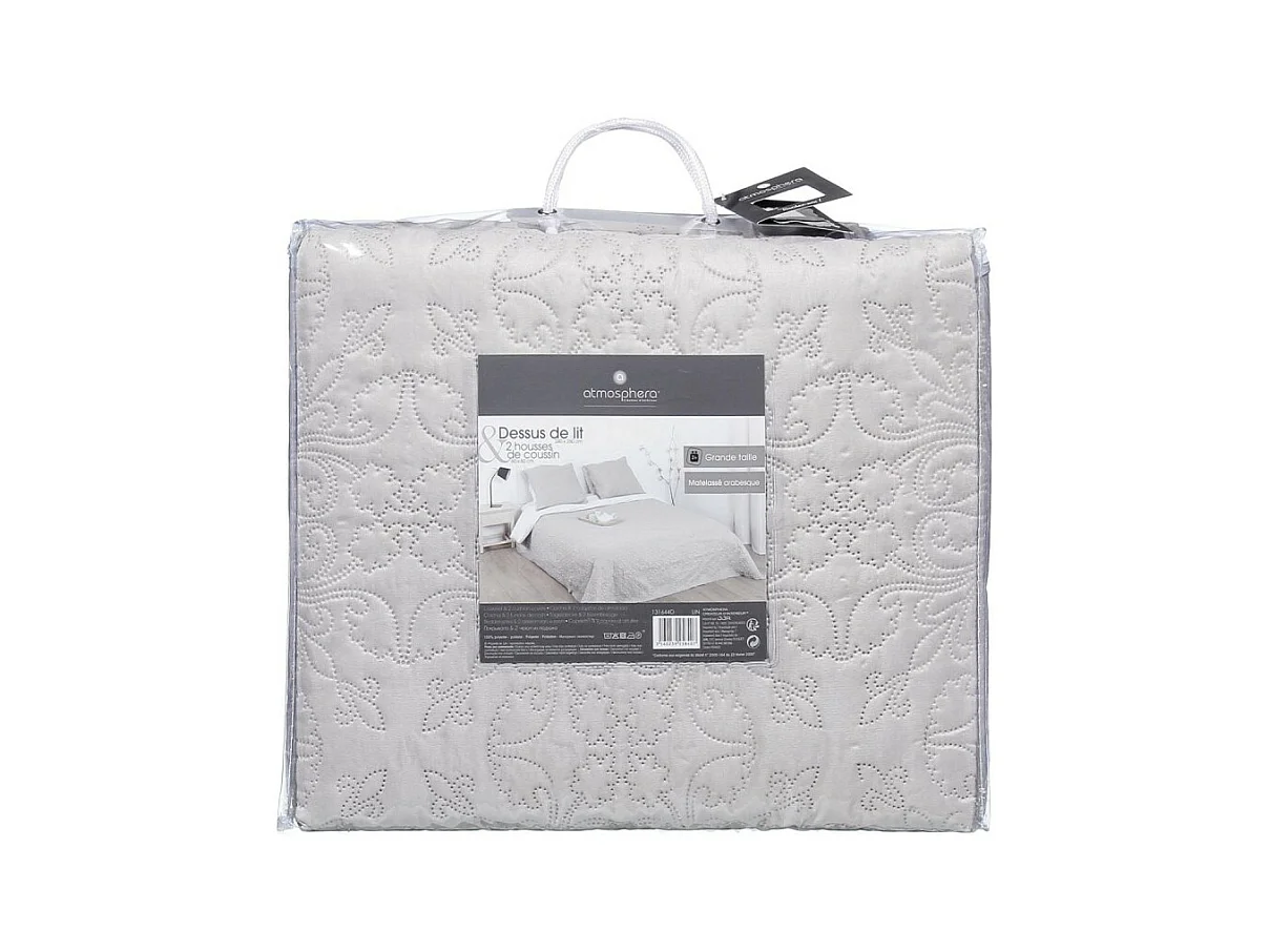 Dessus de lit Beige Lin motif Arabesque 240 x 260 avec 2 Taies