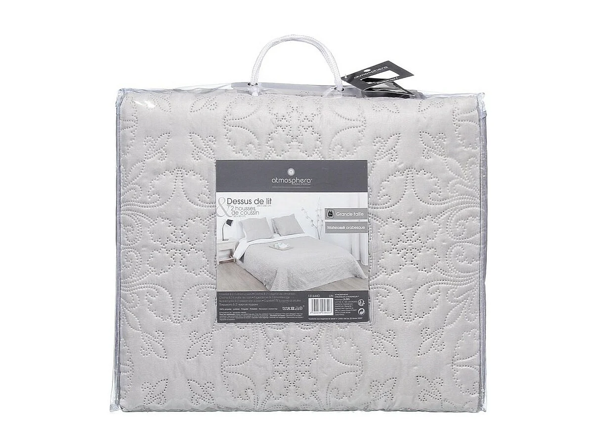 Dessus de lit Beige Lin motif Arabesque 240 x 260 avec 2 Taies