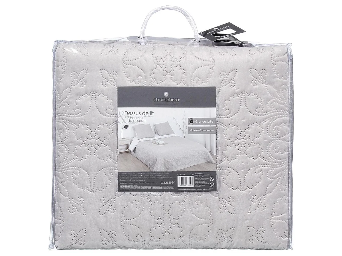 Dessus de lit Beige Lin motif Arabesque 240 x 260 avec 2 Taies