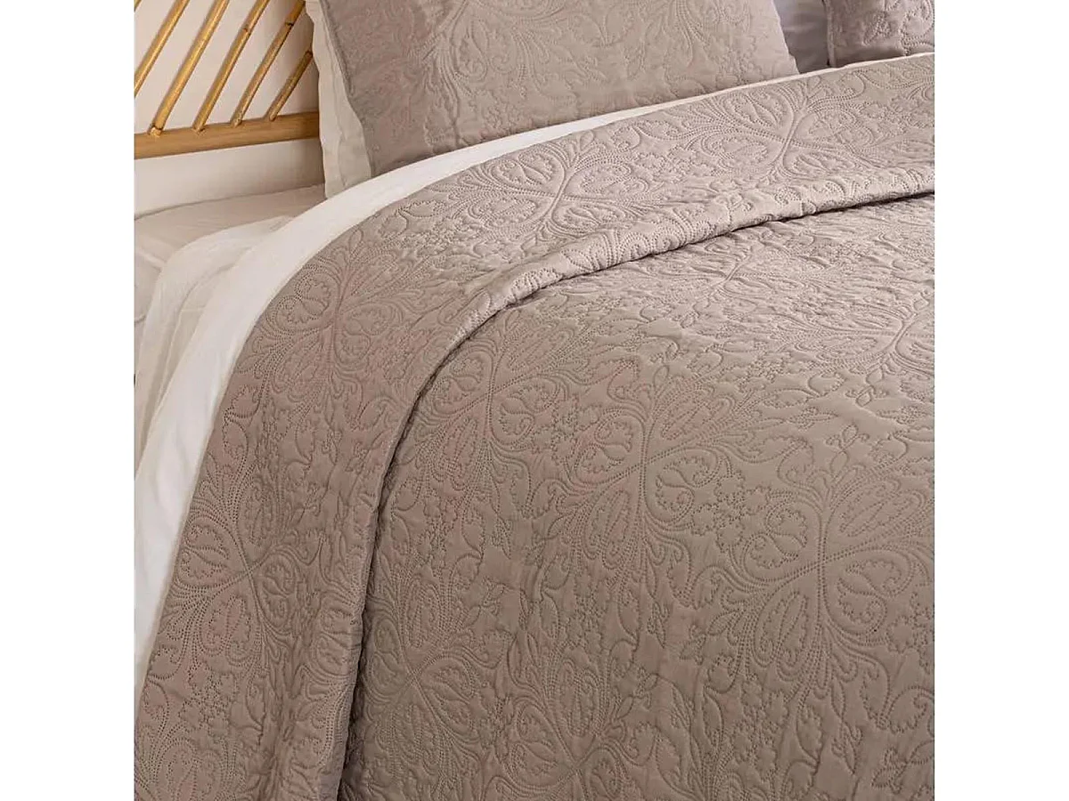 Dessus de lit Beige Lin motif Arabesque 240 x 260 avec 2 Taies