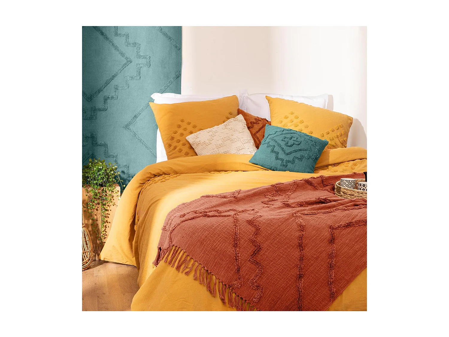 Jeté de Lit en Coton Terracotta motif Inca tufté 130 x 180 cm