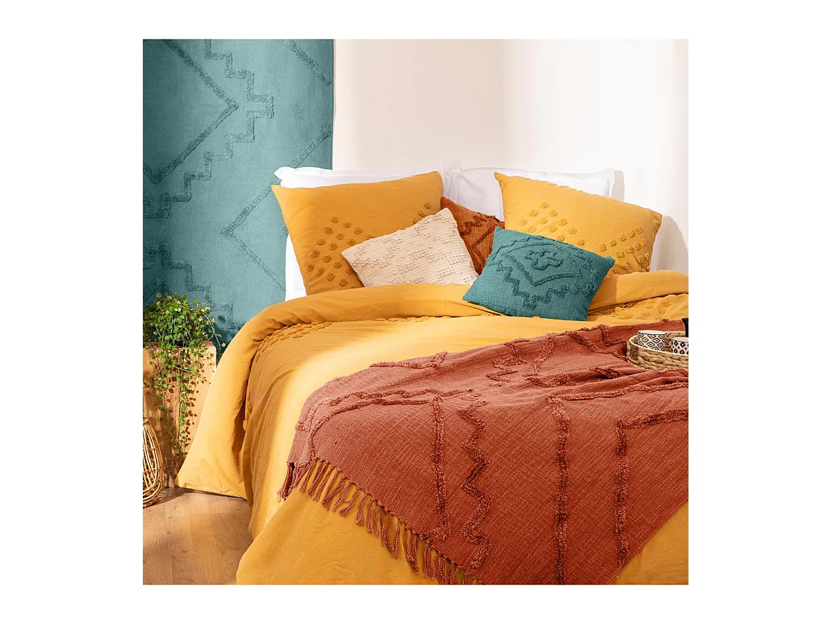 Jeté de Lit en Coton Terracotta motif Inca tufté 130 x 180 cm