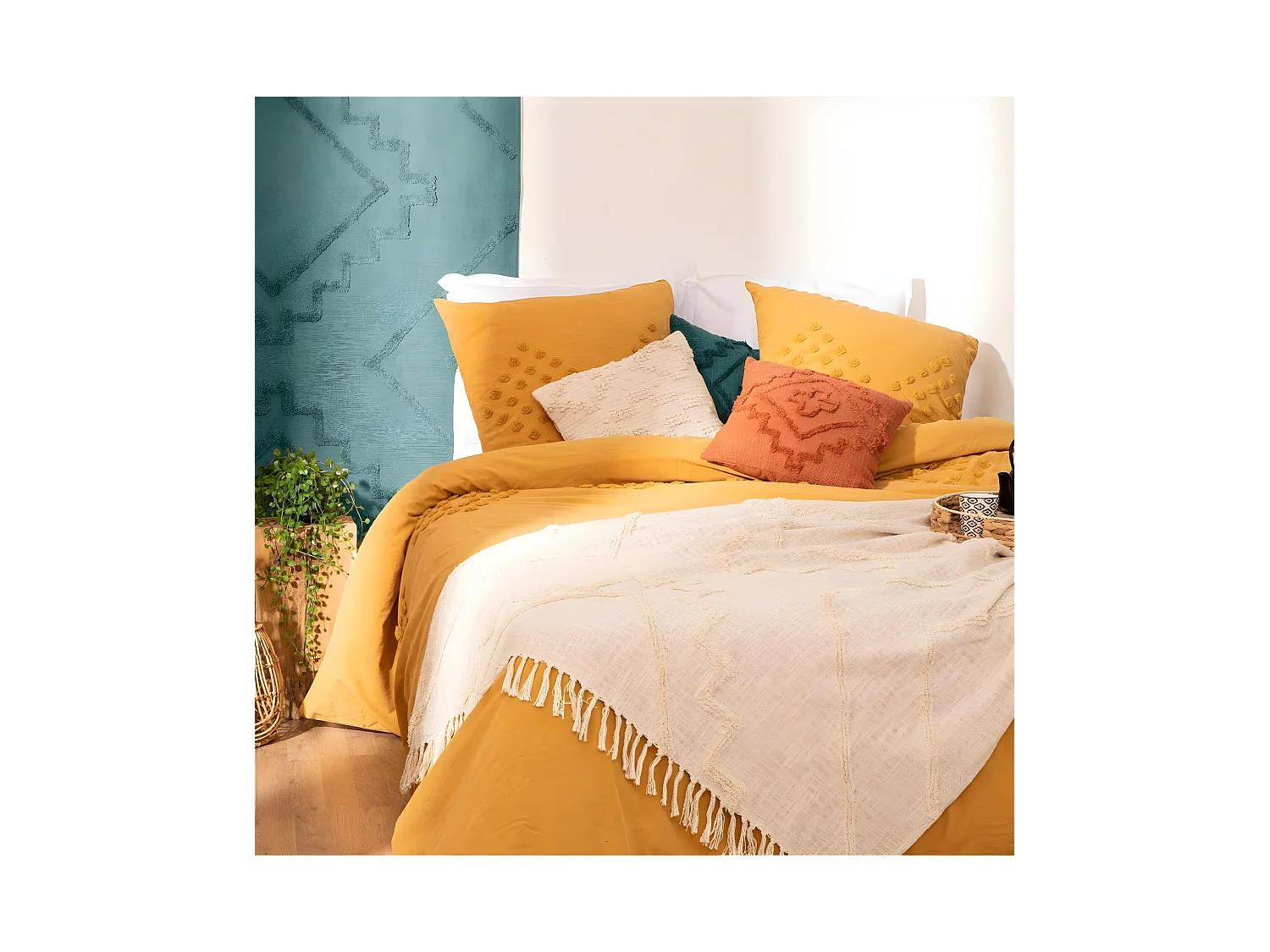 Jeté de Lit en Coton Ivoire motif Inca tufté 130 x 180 cm