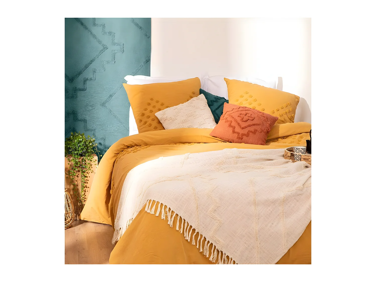 Jeté de Lit en Coton Ivoire motif Inca tufté 130 x 180 cm