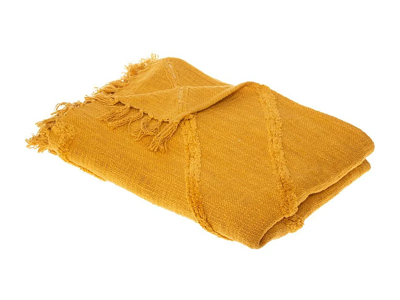 Jeté de Lit en Coton Jaune moutarde motif Inca tufté 130 x 180 cm