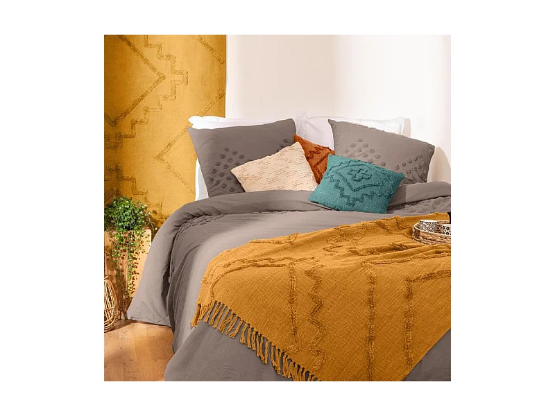 Jeté de Lit en Coton Jaune moutarde motif Inca tufté 130 x 180 cm