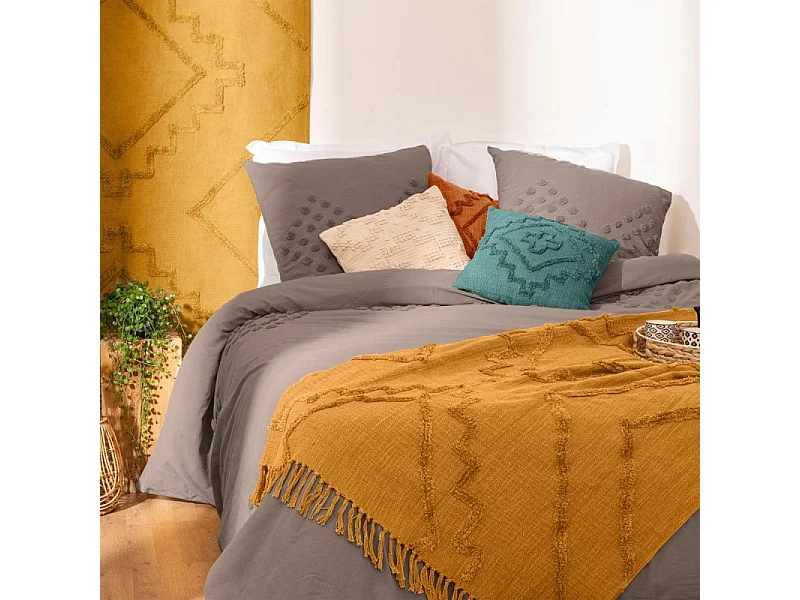 Jeté de Lit en Coton Jaune moutarde motif Inca tufté 130 x 180 cm