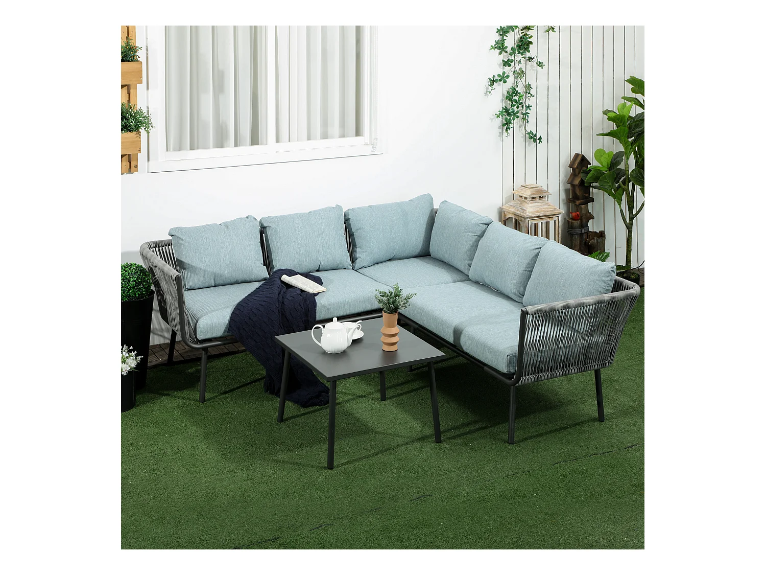 Salon de jardin d'angle 5 places 4 pièces coussins inclus alu. résine tressée gris