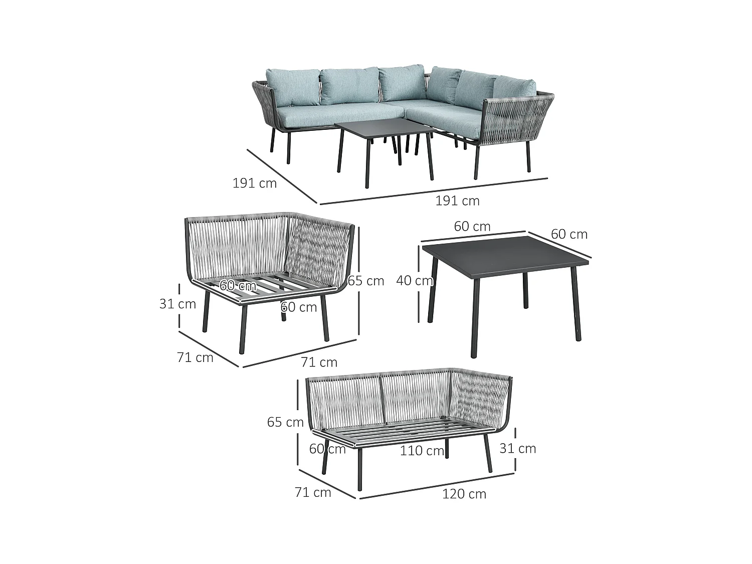 Salon de jardin d'angle 5 places 4 pièces coussins inclus alu. résine tressée gris