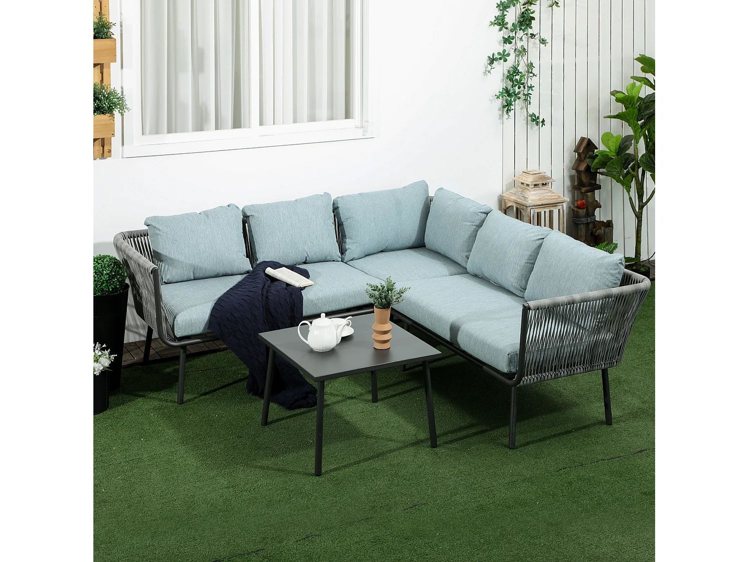 Salon de jardin d'angle 5 places 4 pièces coussins inclus alu. résine tressée gris