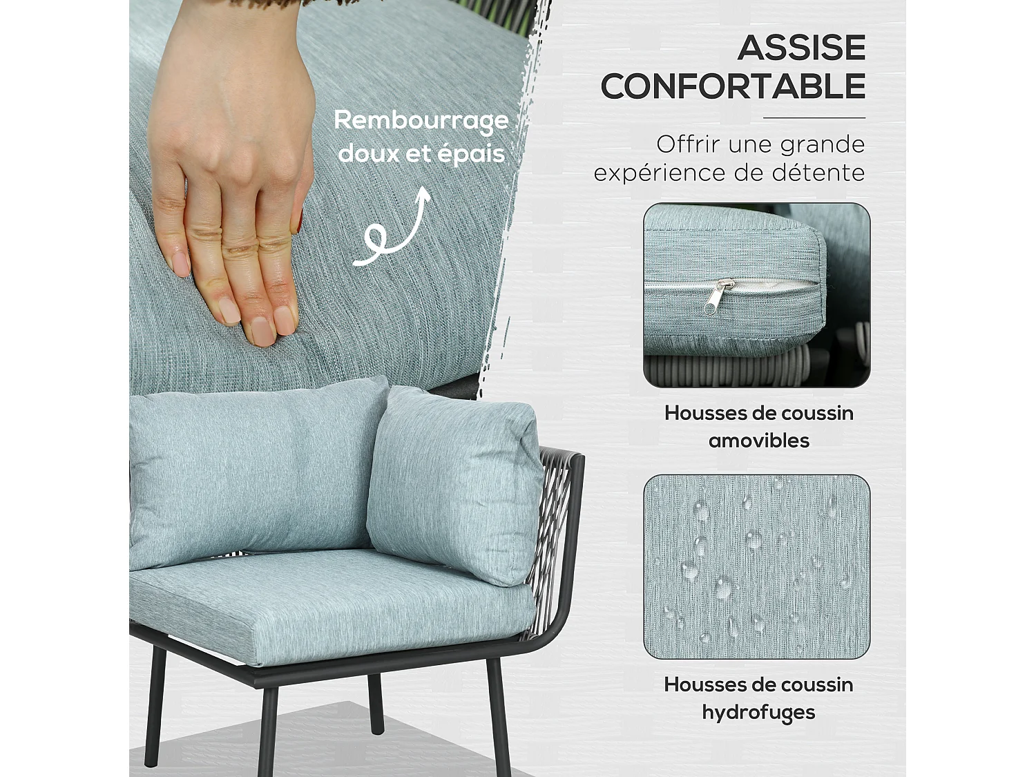 Salon de jardin d'angle 5 places 4 pièces coussins inclus alu. résine tressée gris