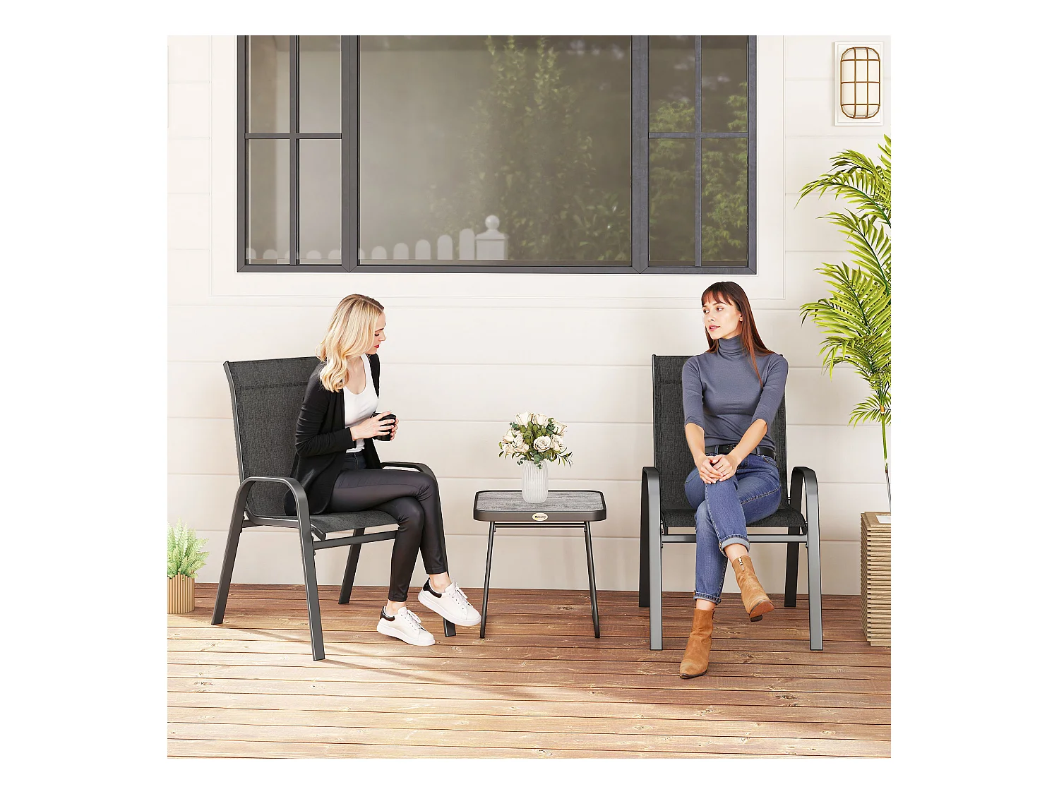 Salon de jardin bistro 2 personnes 3 pièces - plateau effet béton ciré acier époxy textilène noir