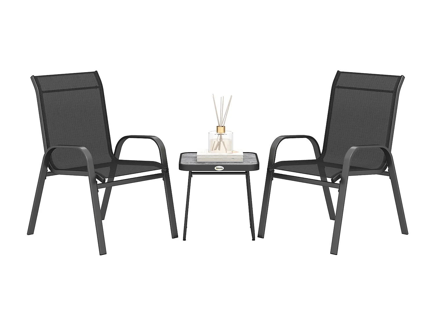 Salon de jardin bistro 2 personnes 3 pièces - plateau effet béton ciré acier époxy textilène noir